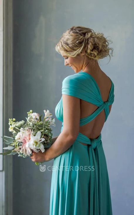 Elegant Convertible V-neck Jersey Bridesmaid Dress With Half Sleeves And Straps Back 
