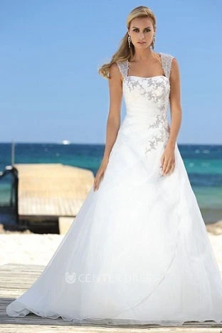 A-Line Beaded Queen Anne Organza Wedding Dress With Side Draping