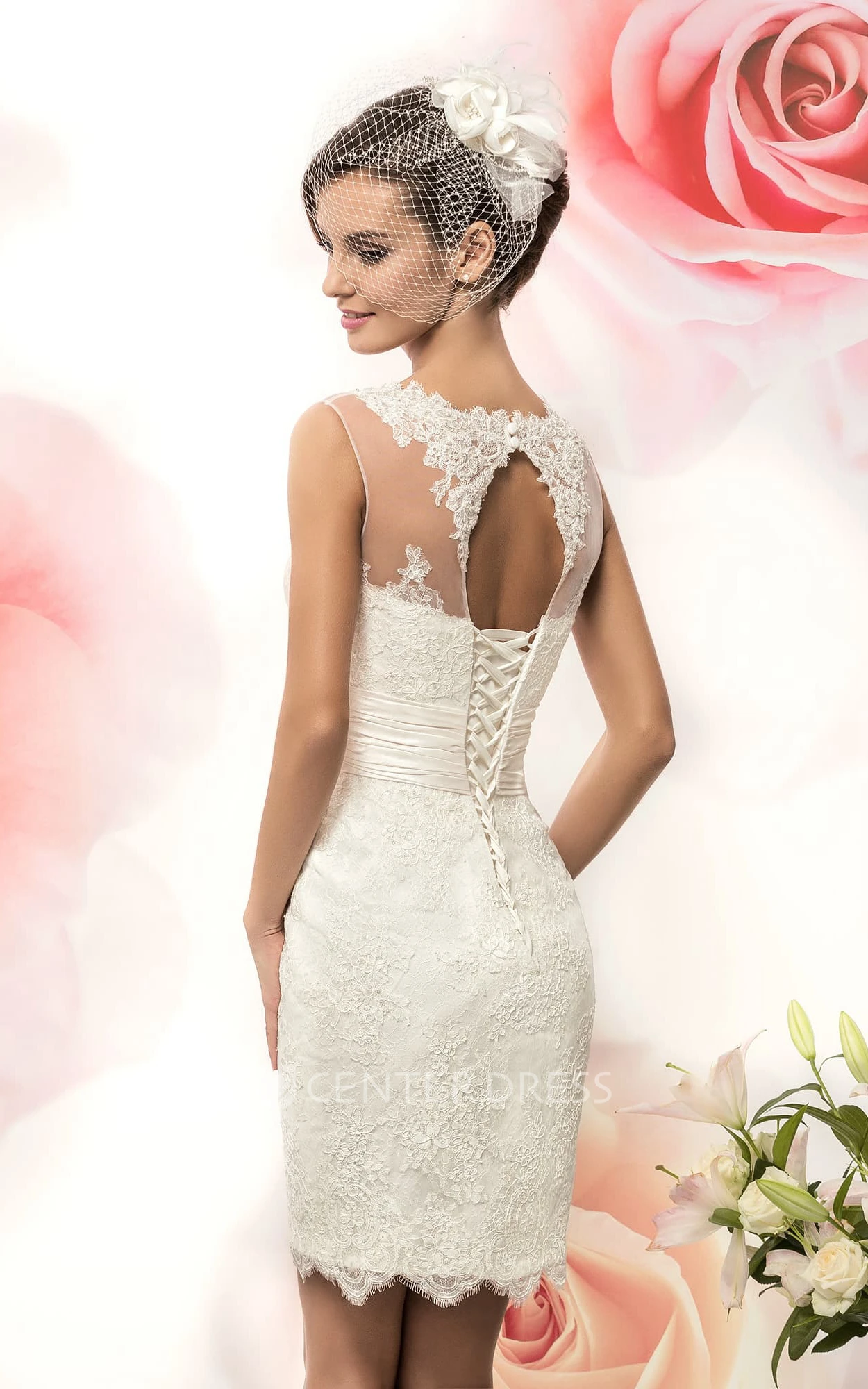 Pencil Short Jewel Sleeveless Keyhole Lace Dress With Appliques