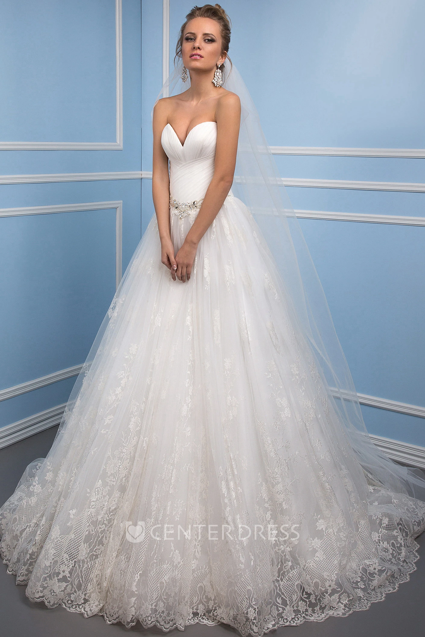 Ball Gown Ruched Sweetheart Tulle Wedding Dress With Waist Jewellery