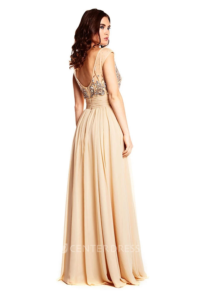 Scoop Neck Beaded Cap Sleeve Chiffon Prom Dress With Low-V Back