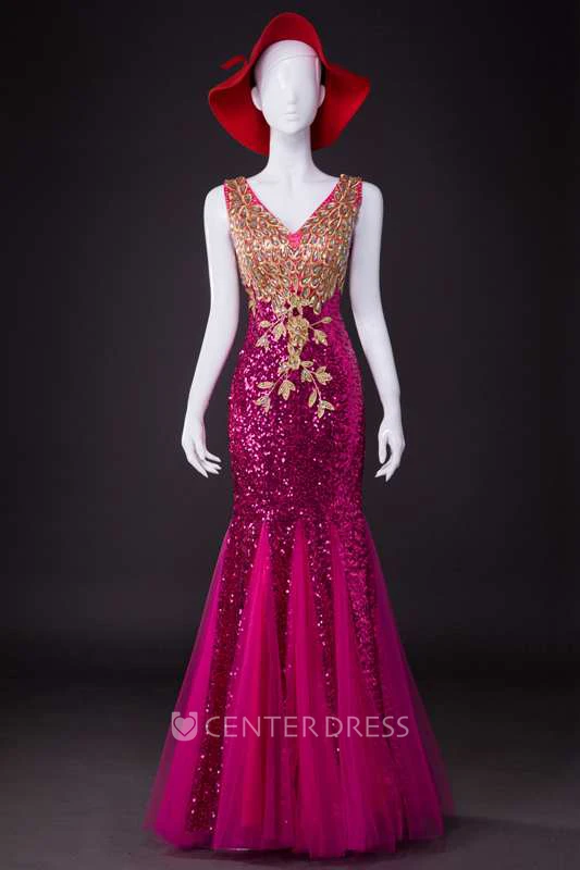 Sleeveless V Neck Sequined Long Tulle Dress