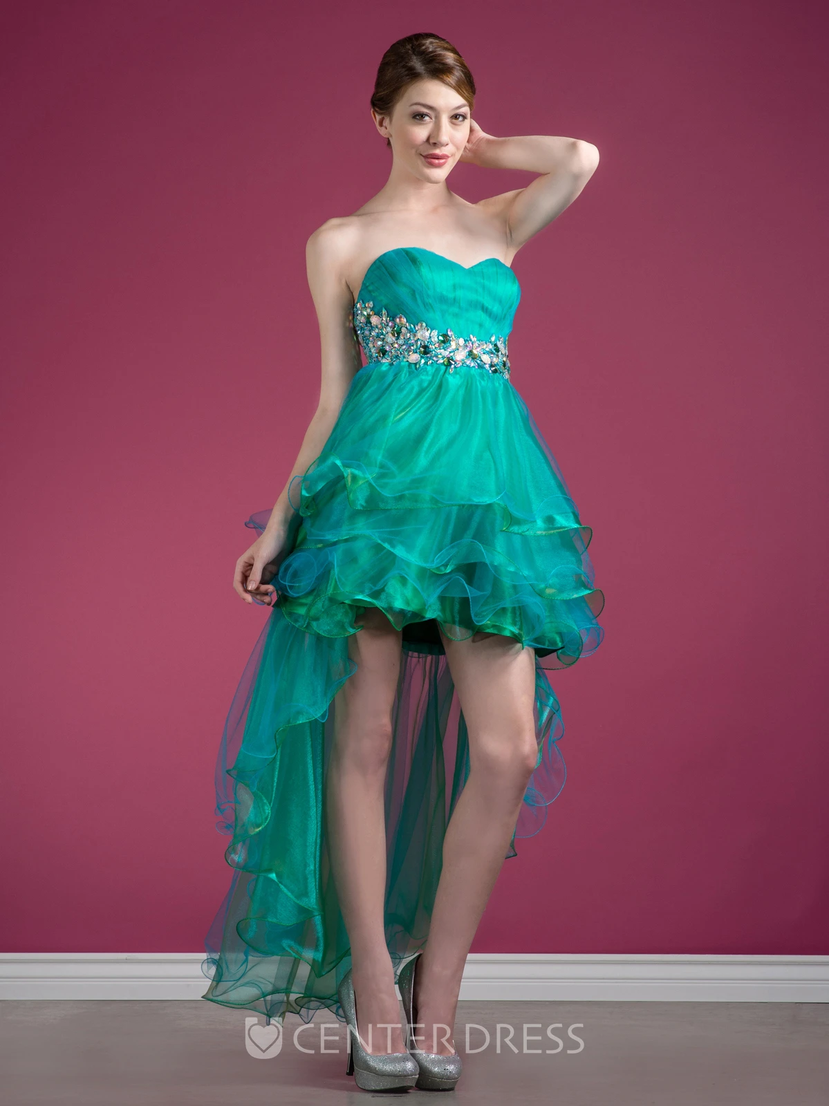 A-Line High-Low Sweetheart Sleeveless Tulle Dress With Ruffles And Tiers