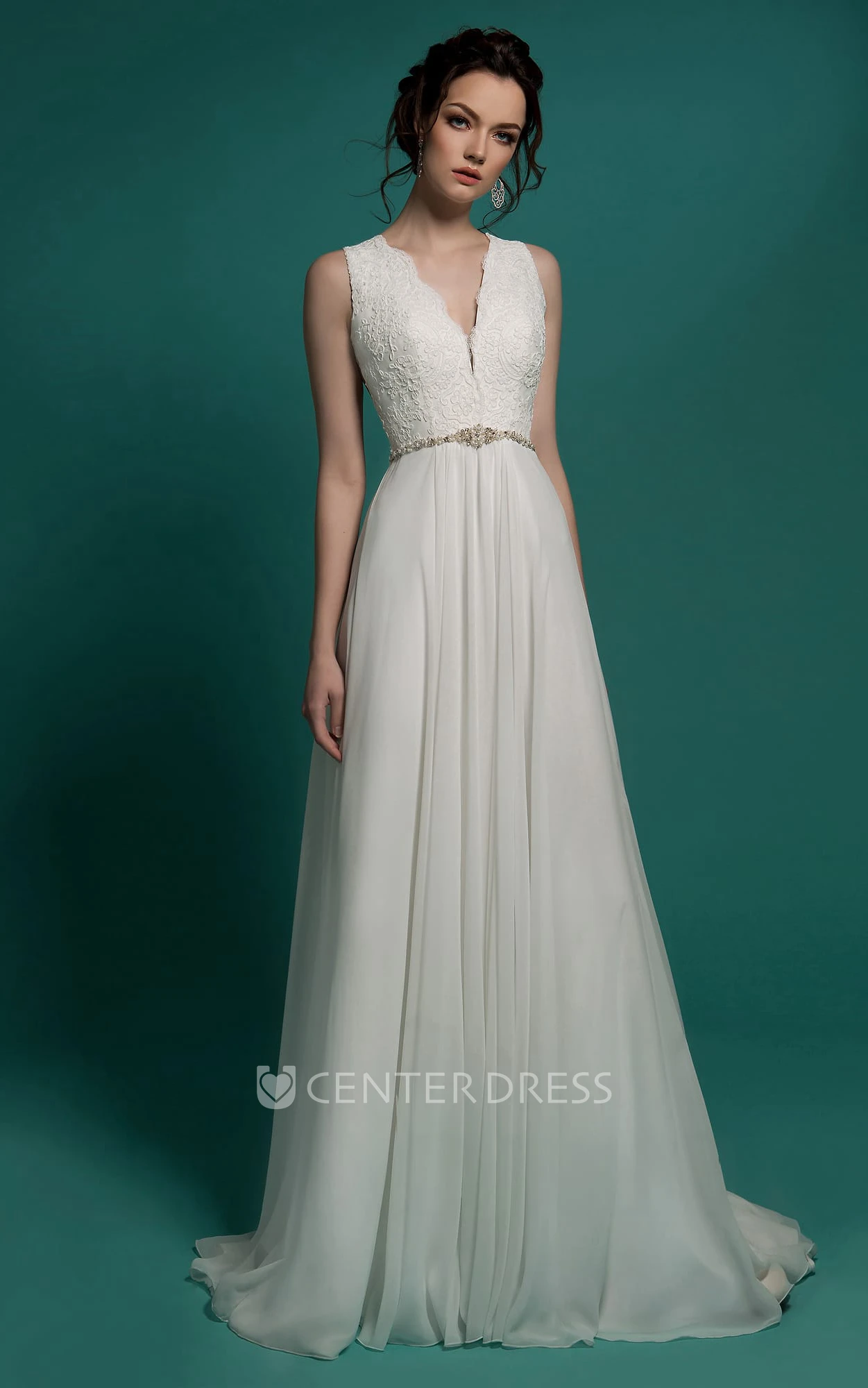 A-Line Floor-Length V-Neck Sleeveless Illusion Chiffon Dress With Beading And Lace Appliques