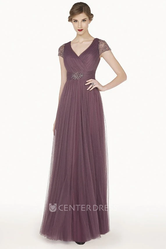 V Neck Lace Cap Sleeve A-Line Tulle Long Prom Dress With Beading Waist