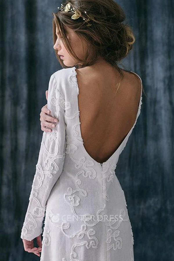 Jewel-Neck Sheath Floor-Length Dress With Appliques And Deep-V Back