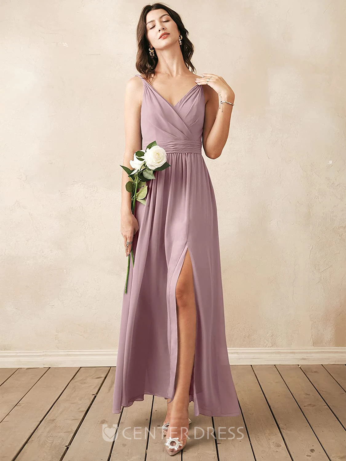 Romantic Chiffon Ankle-length V-neck A Line Sleeveless Bridesmaid Dress With Ruching