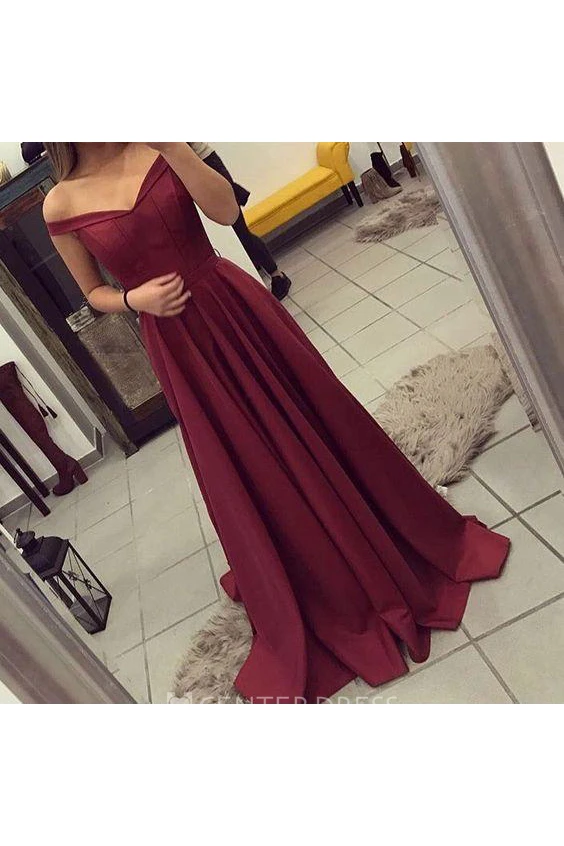 Cap Short Sleeve Sweep Brush Train A-Line Off-the-shoulder Satin Dress