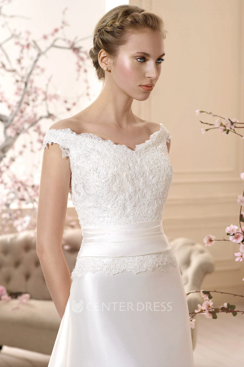 Floor-Length V-Neck Appliqued Satin Wedding Dress