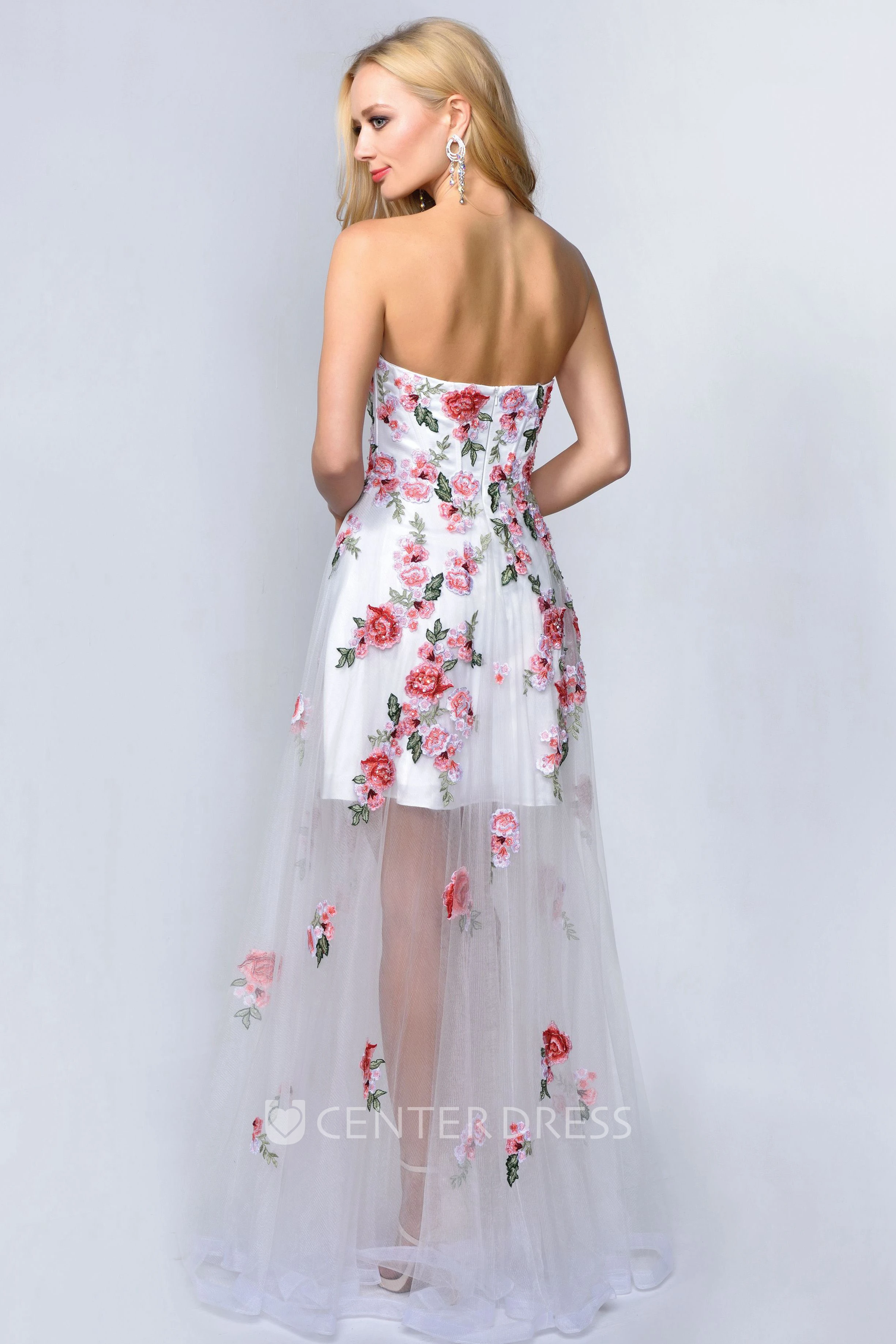 A-Line Strapless Sleeveless Tulle Backless Dress With Appliques And Flower