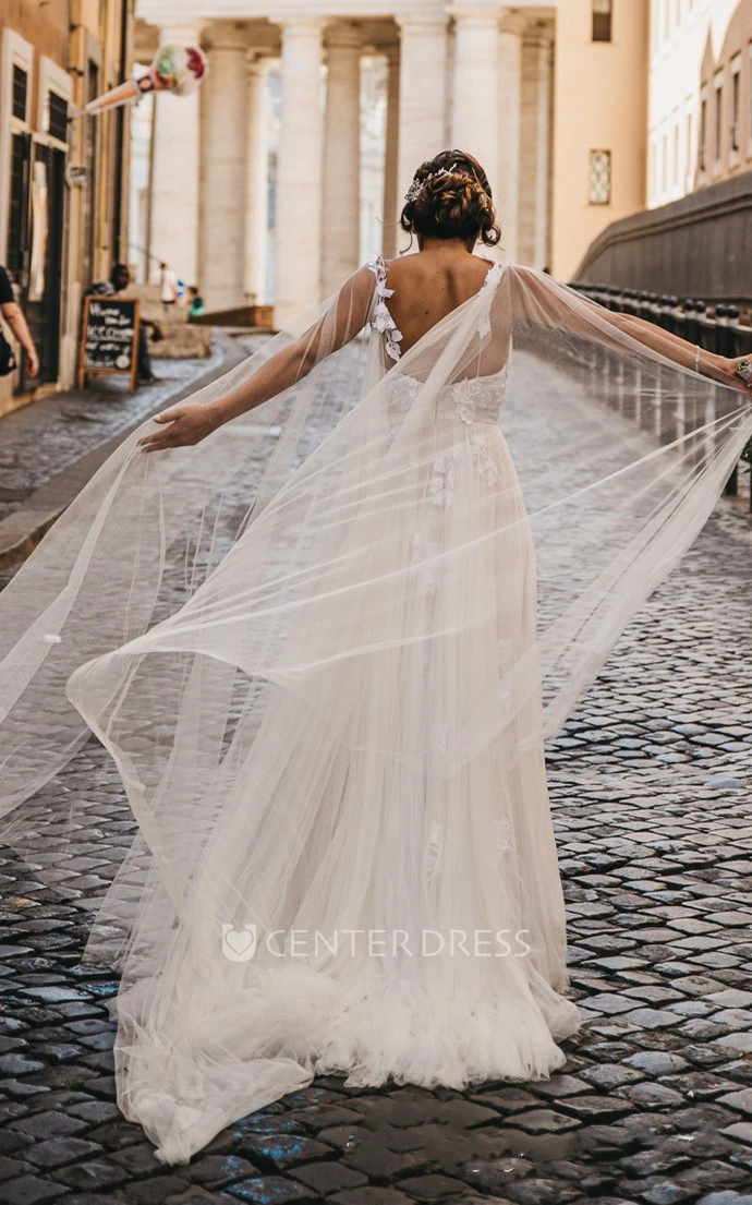 Modern A Line Lace and Tulle Spaghetti Wedding Dress with Appliques