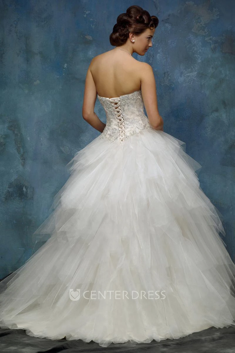 A-Line Ball-Gown Sweetheart Floor-Length Sleeveless Cascading-Ruffle Tulle Wedding Dress With Beading And Lace-Up Back
