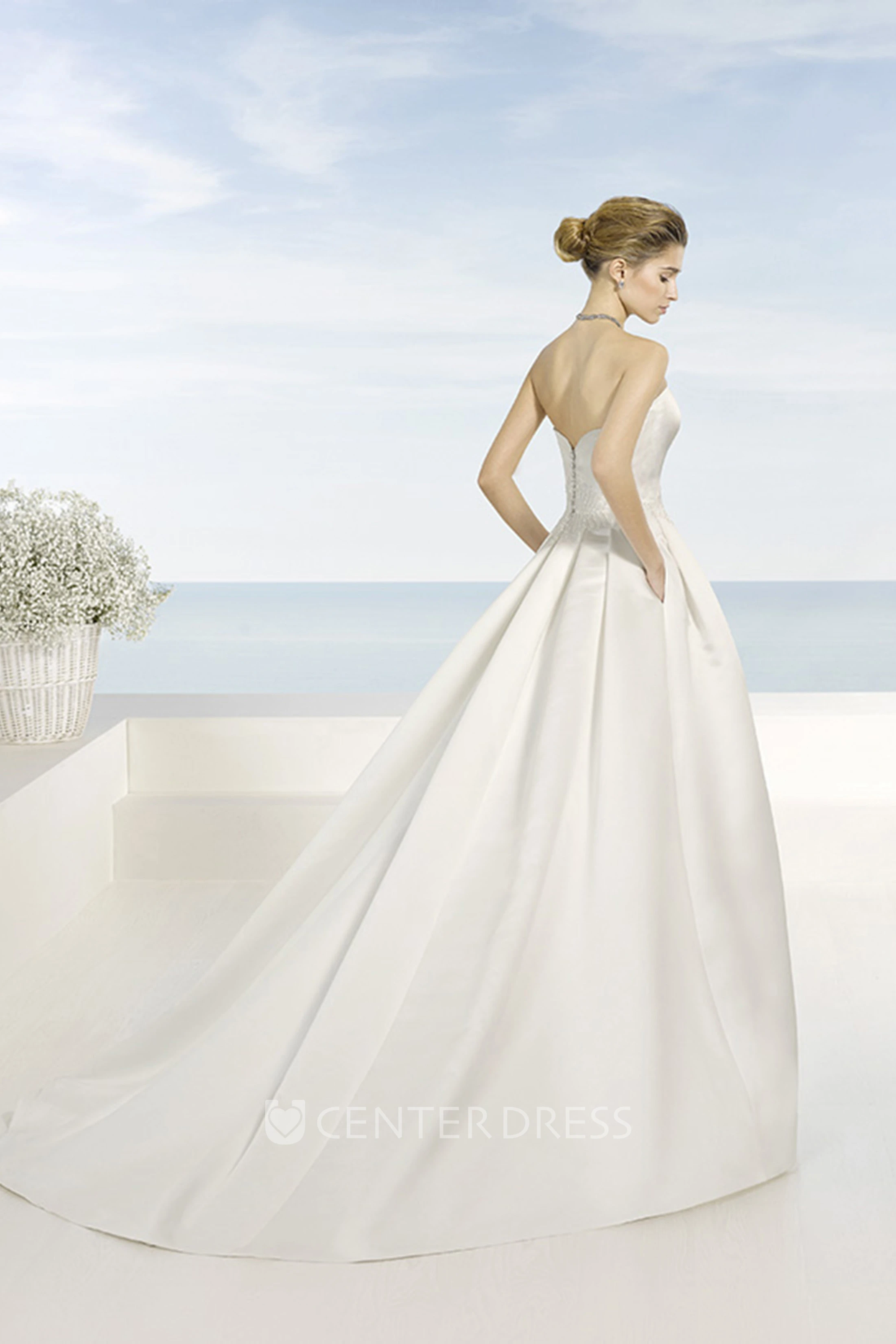 Strapless Floor-Length Beaded Satin Wedding Dress With Brush Train And V Back