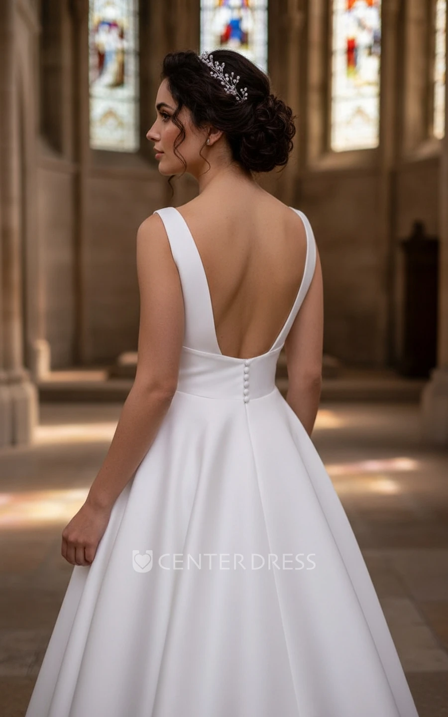 Minimalist A-Line Sleeveless Wedding Dress Sexy Deep V Neckline Informal Bridal Gown