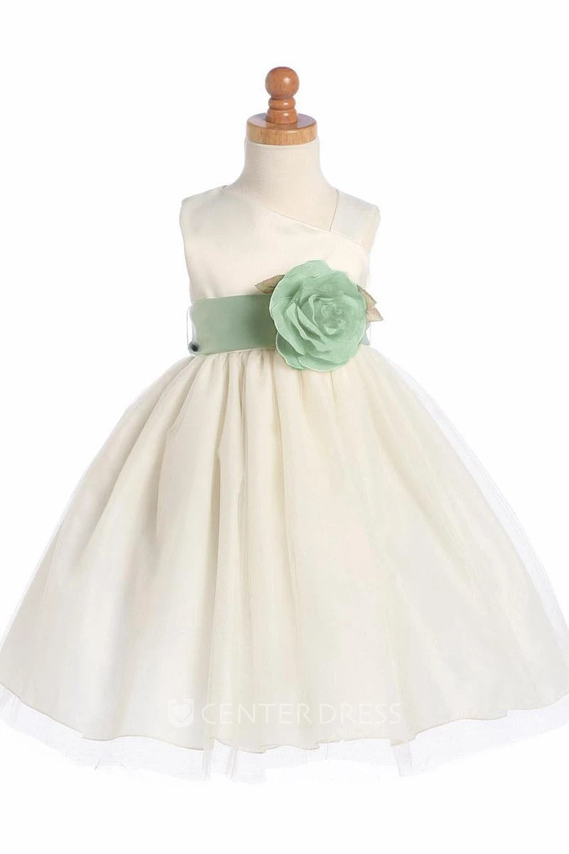 Tea-Length Floral Tiered Tulle&Satin Flower Girl Dress