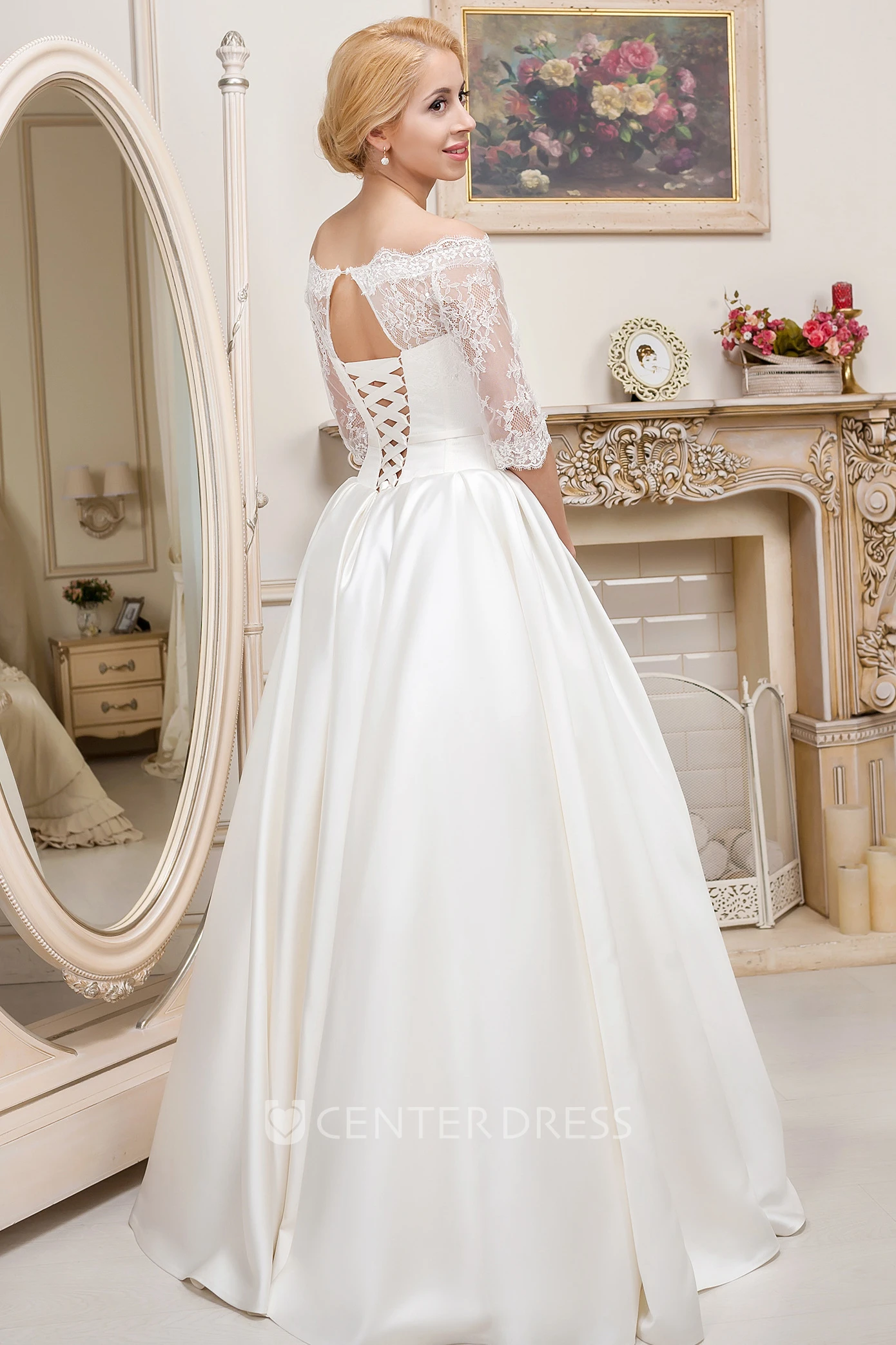 Off-The-Shoulder Floor-Length Half-Sleeve Lace Satin Wedding Dress