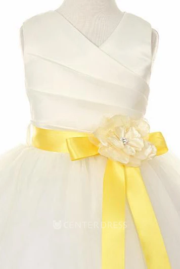 V-Neck Ankle-Length Tiered Tulle&Satin Flower Girl Dress