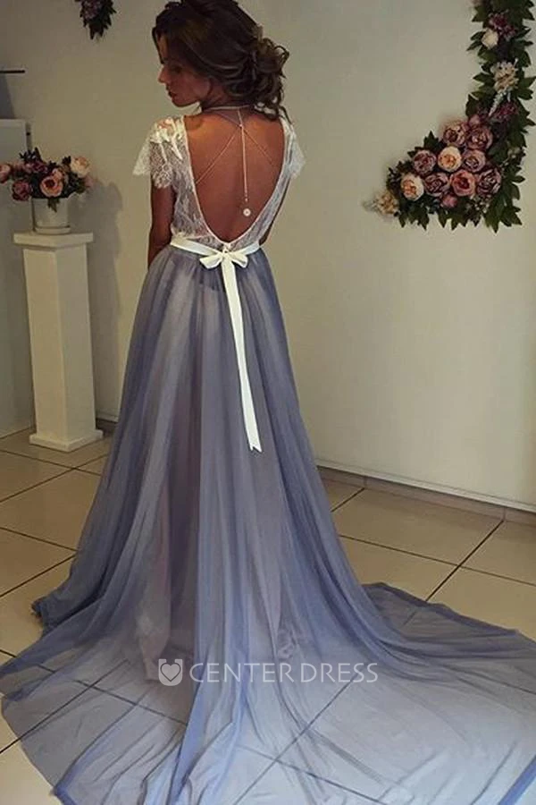 T-shirt Short Sleeve Court Train A-Line Jewel Chiffon Lace Dress