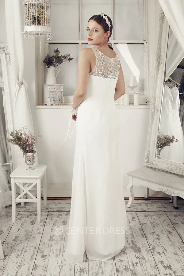 Sheath Empire Sleeveless Beaded Bateau Long Chiffon Wedding Dress With Illusion Back