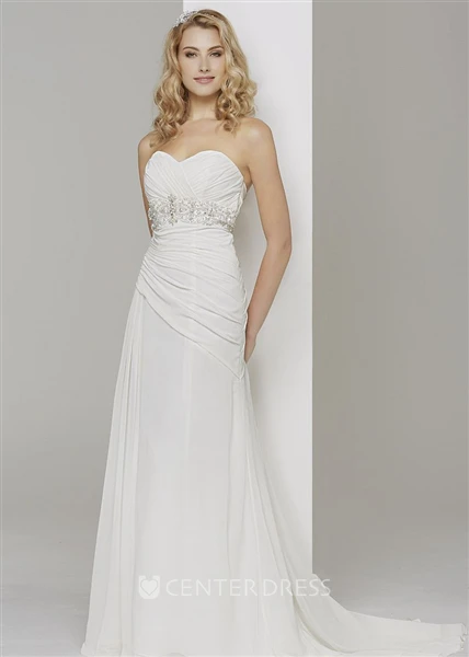 Sheath Jeweled Sweetheart Chiffon Wedding Dress With Criss Cross And Sweep Train