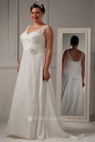 V Neck Lace-up A-line Bridal Gown With Lace Top And Waist Flower