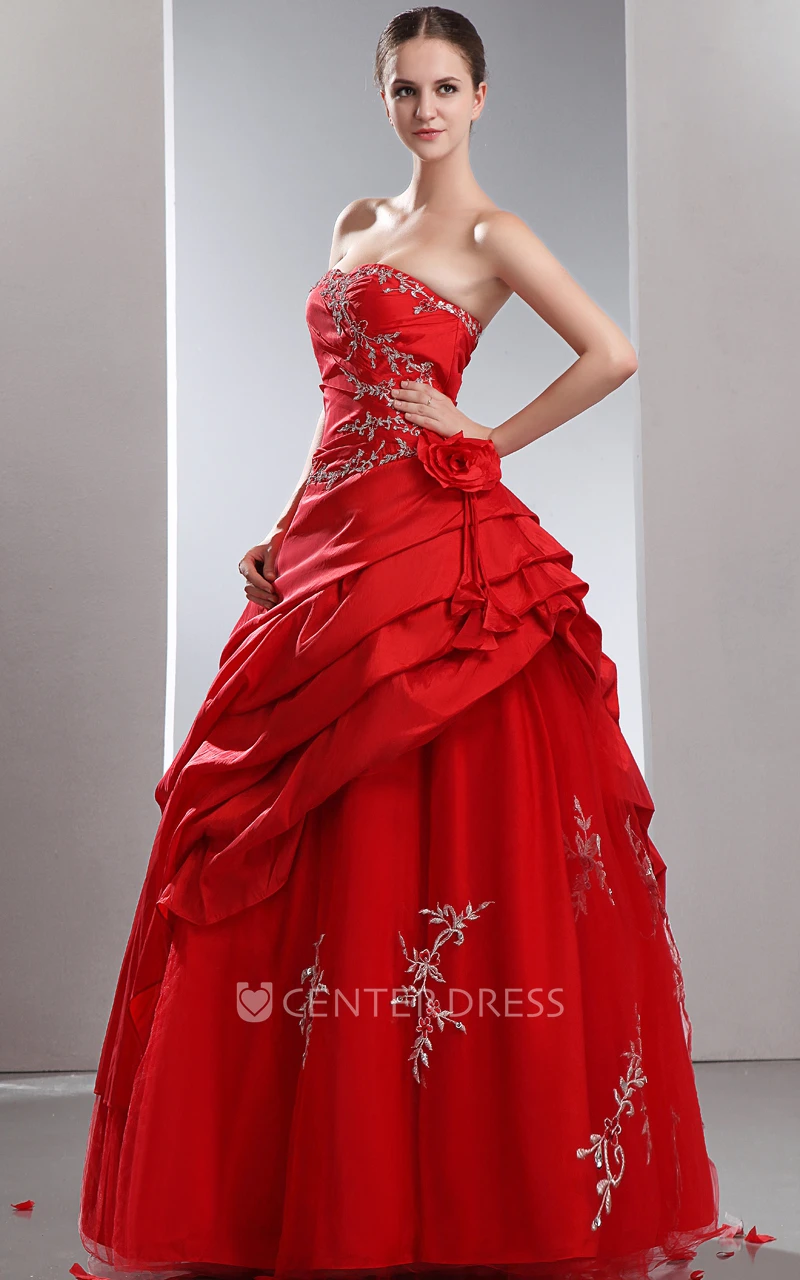 Strapless Layered Ball Gown Satin Prom Dress With Ruffles and Beading