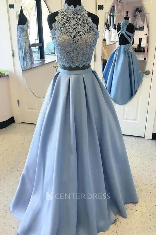 Sleeveless Floor-length A-Line Two Piece Sweetheart Satin Lace Dress