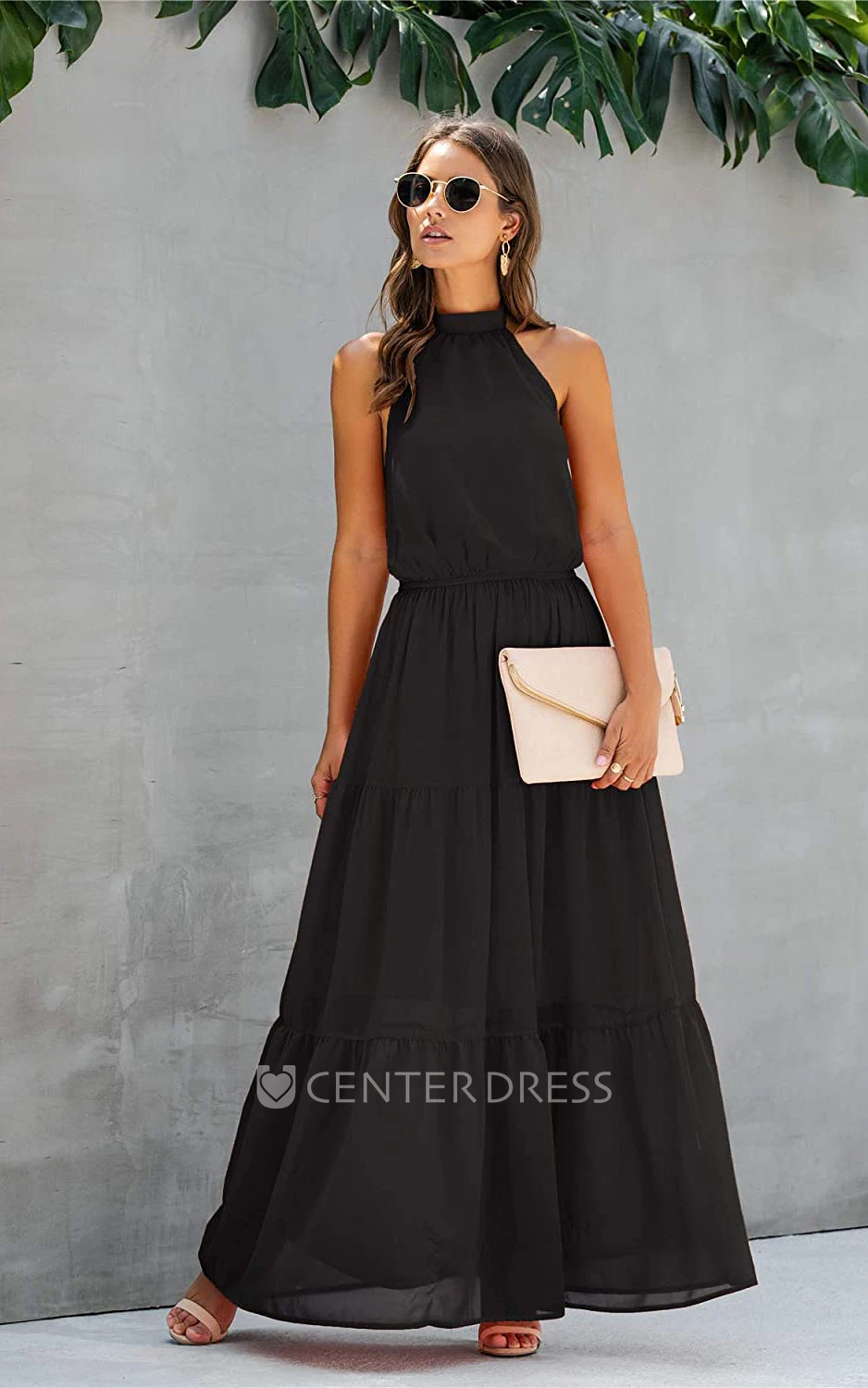 Casual A Line Chiffon Halter Sleeveless Guest Evening Dress With Ruffles