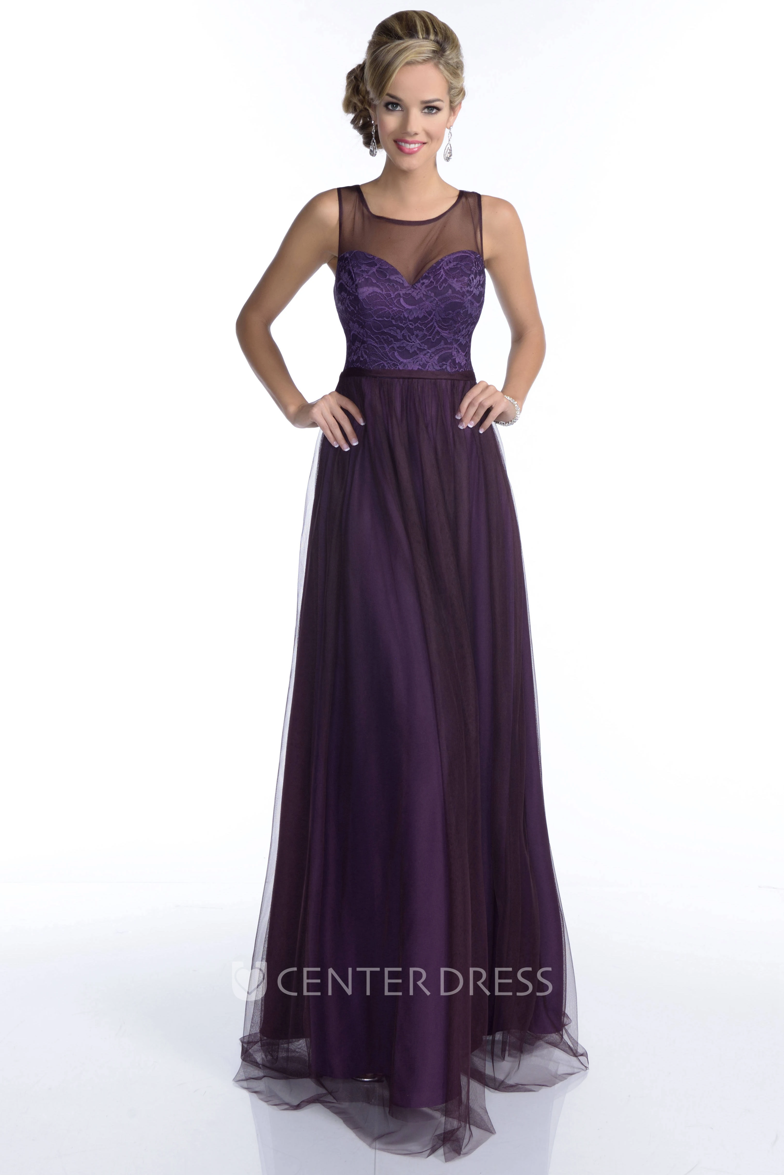 Square Neckline Sleeveless A-Line Tulle Bridesmaid Dress With Illusion Back