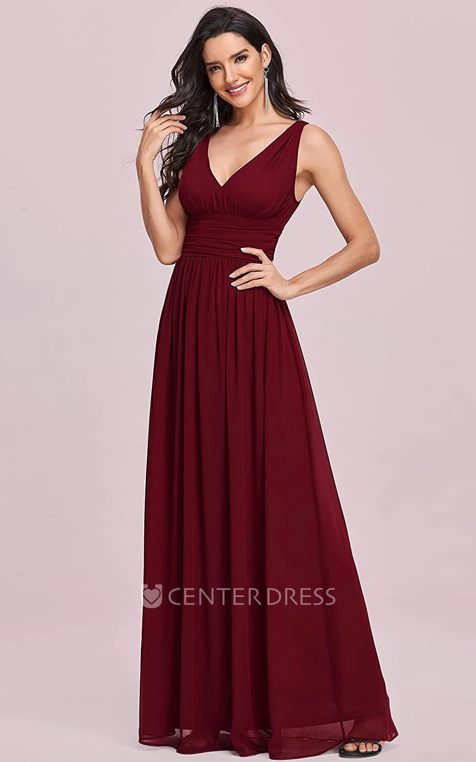 Romantic A Line Chiffon V-neck Sleeveless Prom Dress With Ruffles