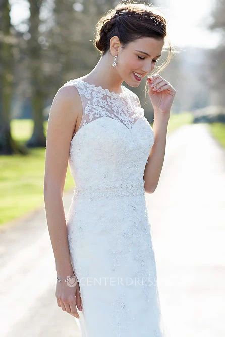 Maxi Scoop Appliqued Chiffon Wedding Dress With Sweep Train And V Back