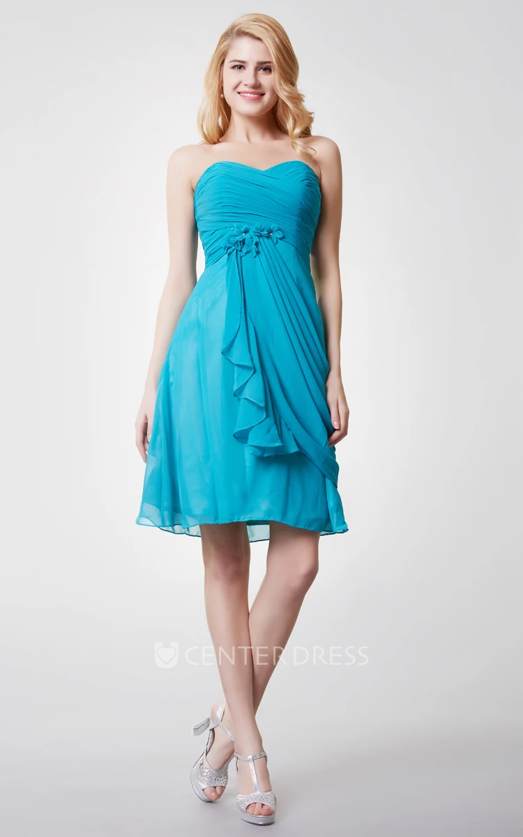 Sweetheart Ruched Draped Short Chiffon Dress With Flower Detailing