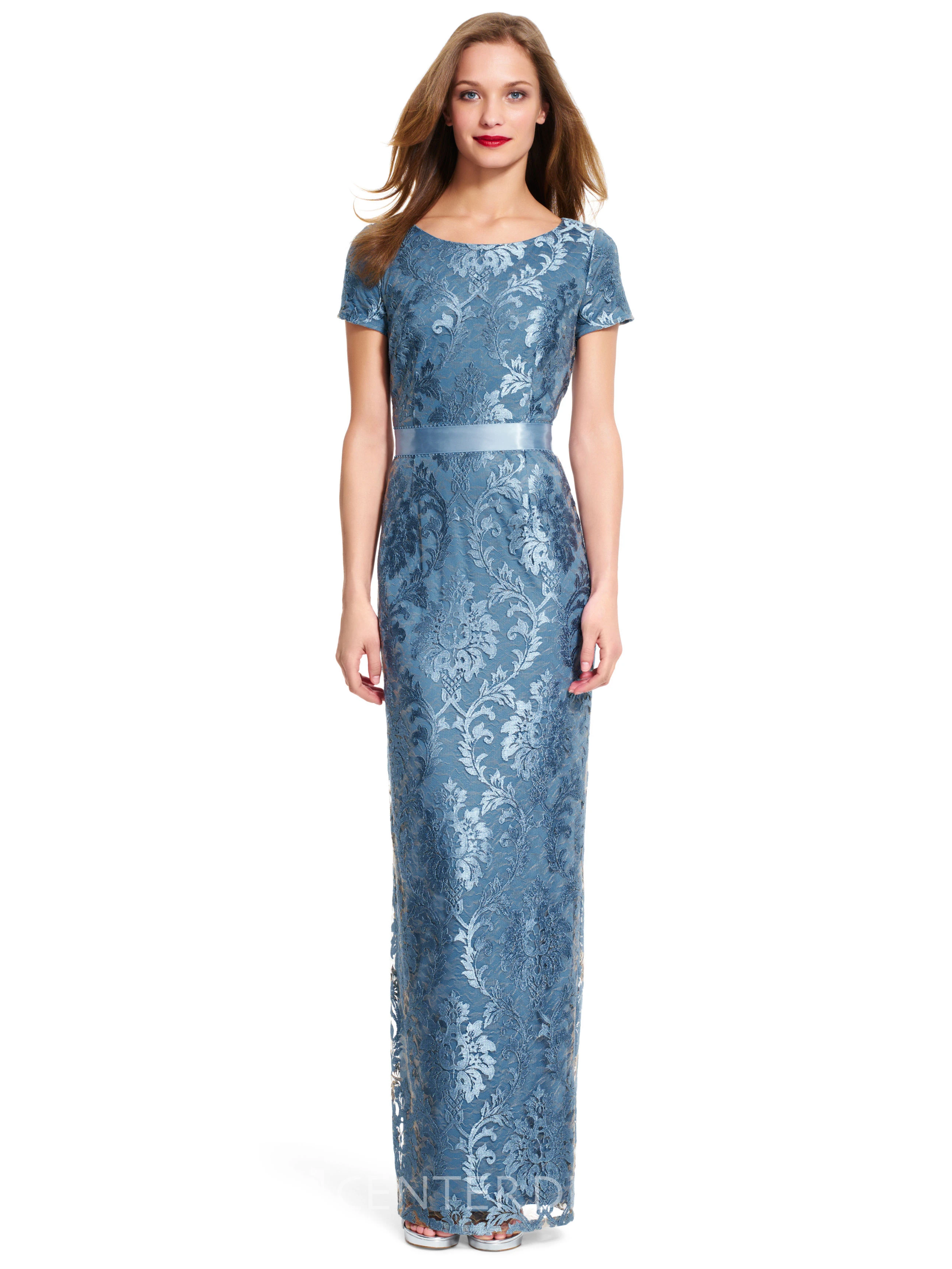 Pencil Scoop-Neck Floor-Length Bowed Short-Sleeve Bridesmaid Dress With Split Back