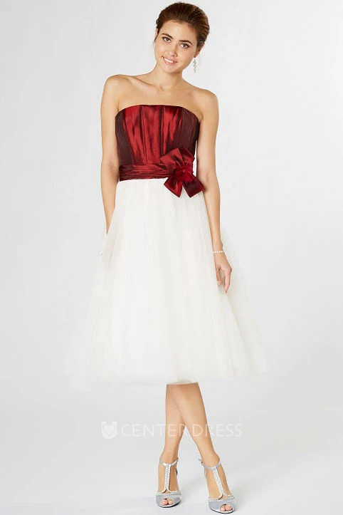Tea-Length Strapless Ruched Tulle Bridesmaid Dress With Flower And Lace-Up Back