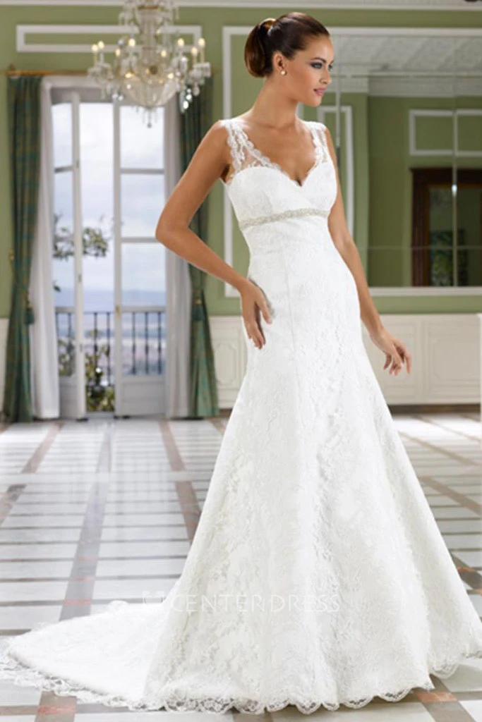 A-Line V-Neck Floor-Length Jeweled Sleeveless Lace Wedding Dress With Court Train And Low-V Back