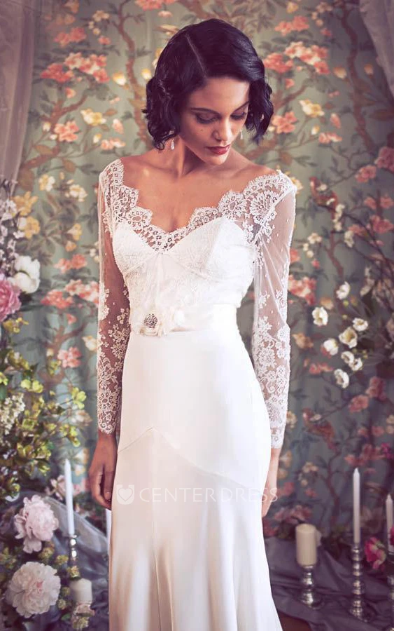 V-Neck Low-V Back Sheath Satin Wedding Dress With Sash And Flower