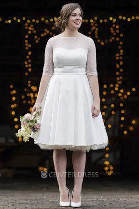 Vintage Tea Length Satin Wedding Dress With Dotted Tulle Bodice