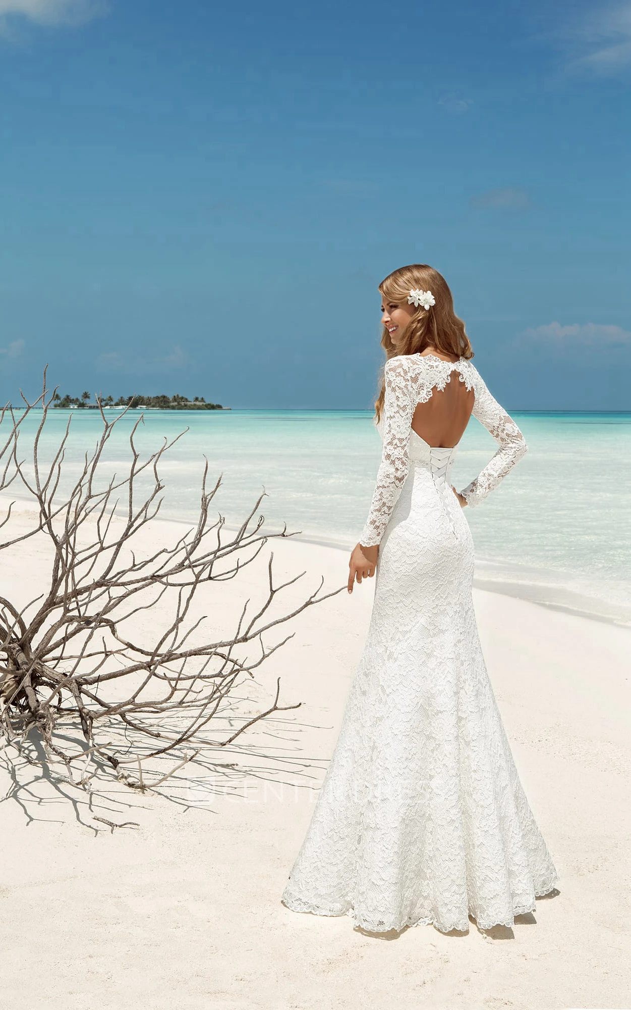 Mermaid Long Scoop-Neck T-Shirt-Sleeve Lace-Up Lace Dress With Beaded And Keyhole