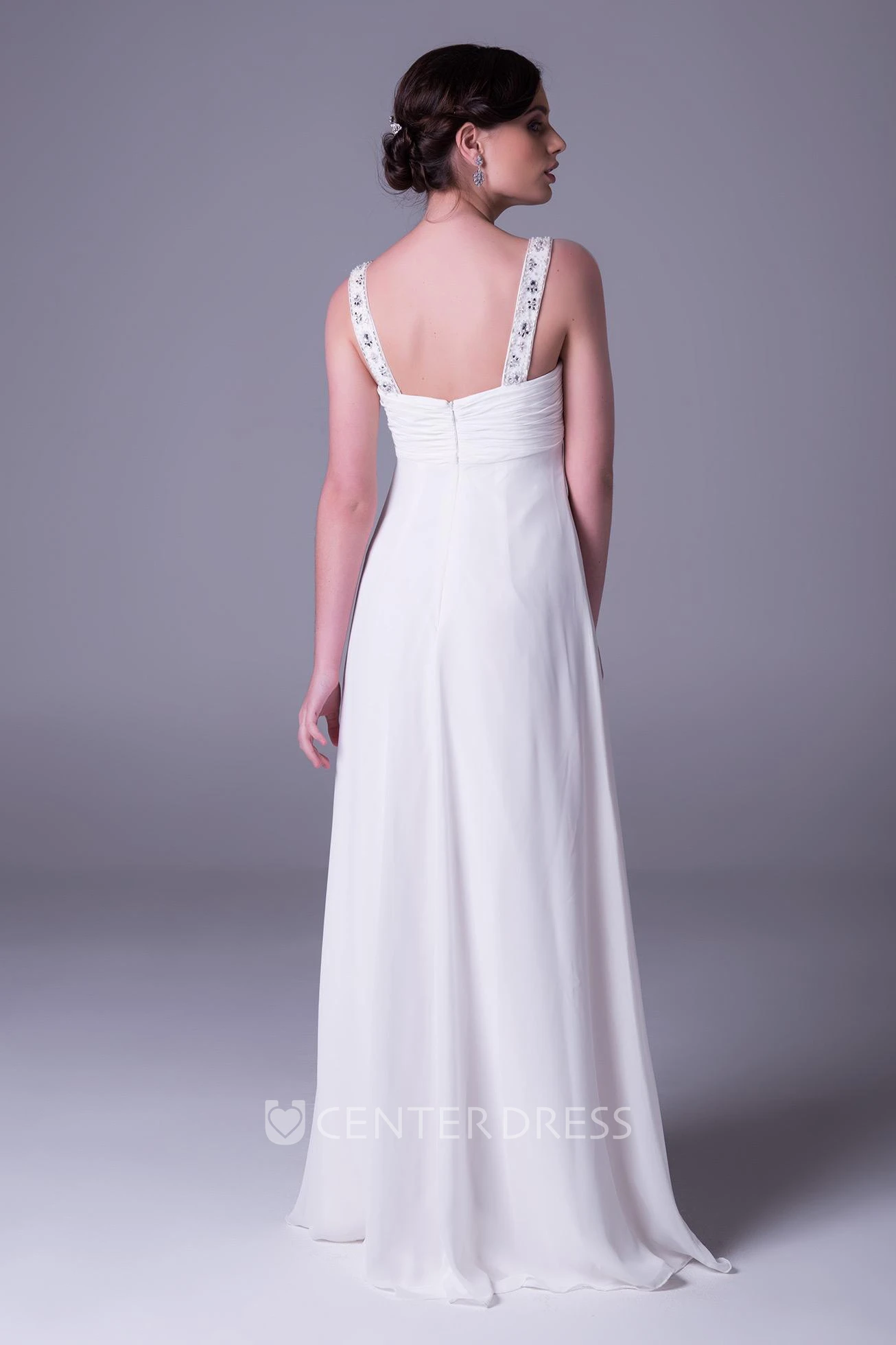 Sheath Empire Sleeveless Beaded Floor-Length Scoop-Neck Chiffon Wedding Dress With Ruching