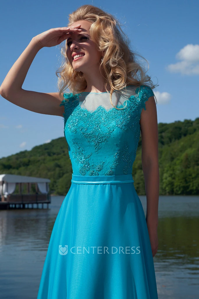 Long Appliqued Jewel-Neck Cap-Sleeve Chiffon Prom Dress With Bow