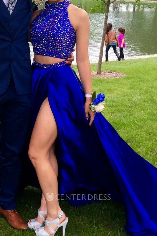 Sleeveless Floor-length A-Line Halter Satin Sequins Dress
