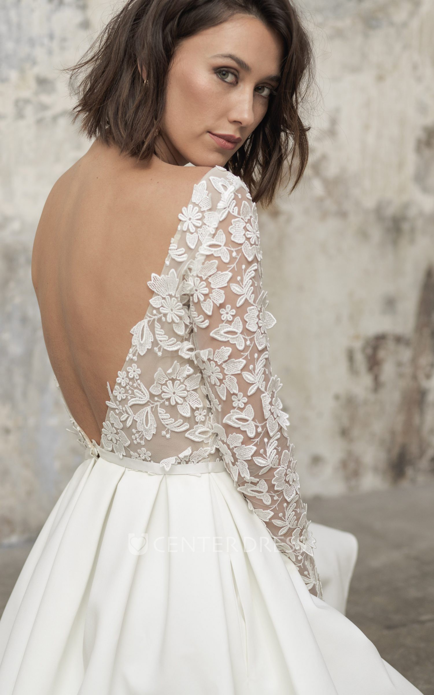 Satin Lace Bateau A Line Long Sleeve Knee length Open Back Wedding Dress With Appliques