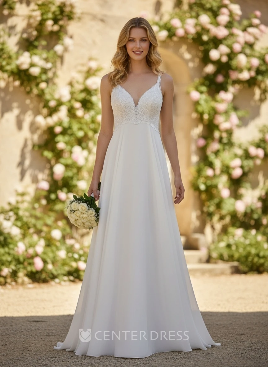 A-Line Boho Lace Wedding Dress Sexy Spaghetti Chiffon Flowy Bridal Gown for Outdoor Weddings