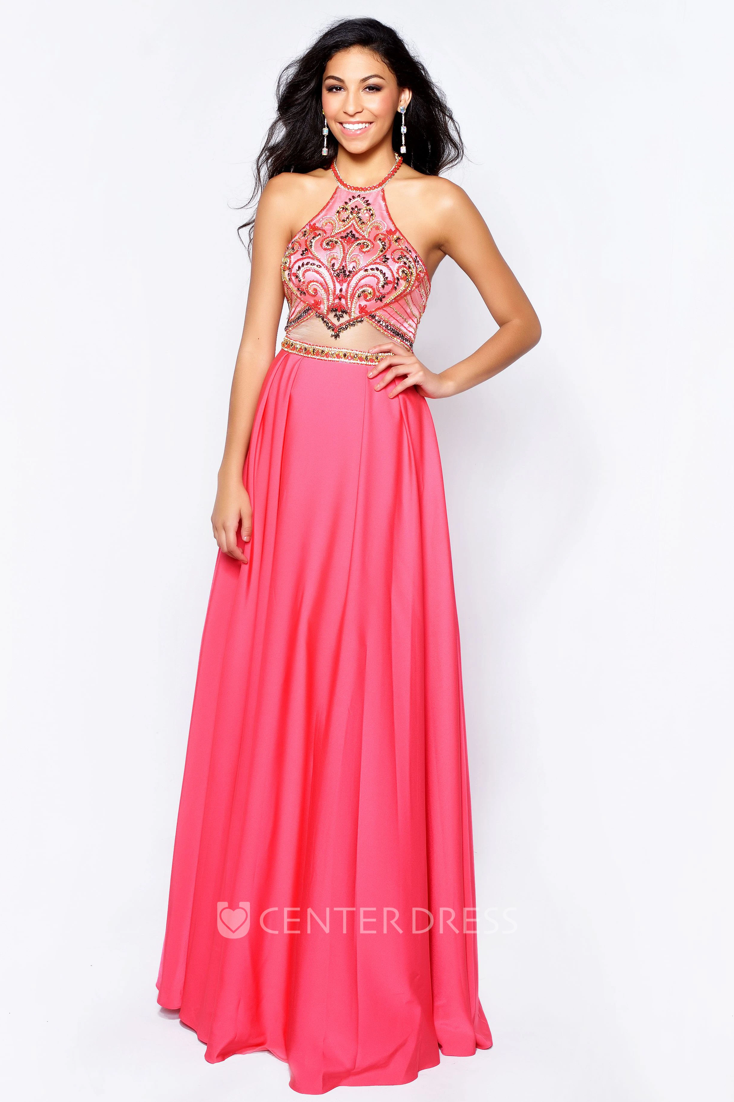 A-Line Scoop-Neck Sleeveless Jersey Dress With Beading And Pleats