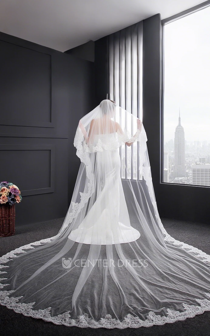 Floral Bohemian Two-Tier Lace Edge Long Cathedral Length WeddingVeils with Comb