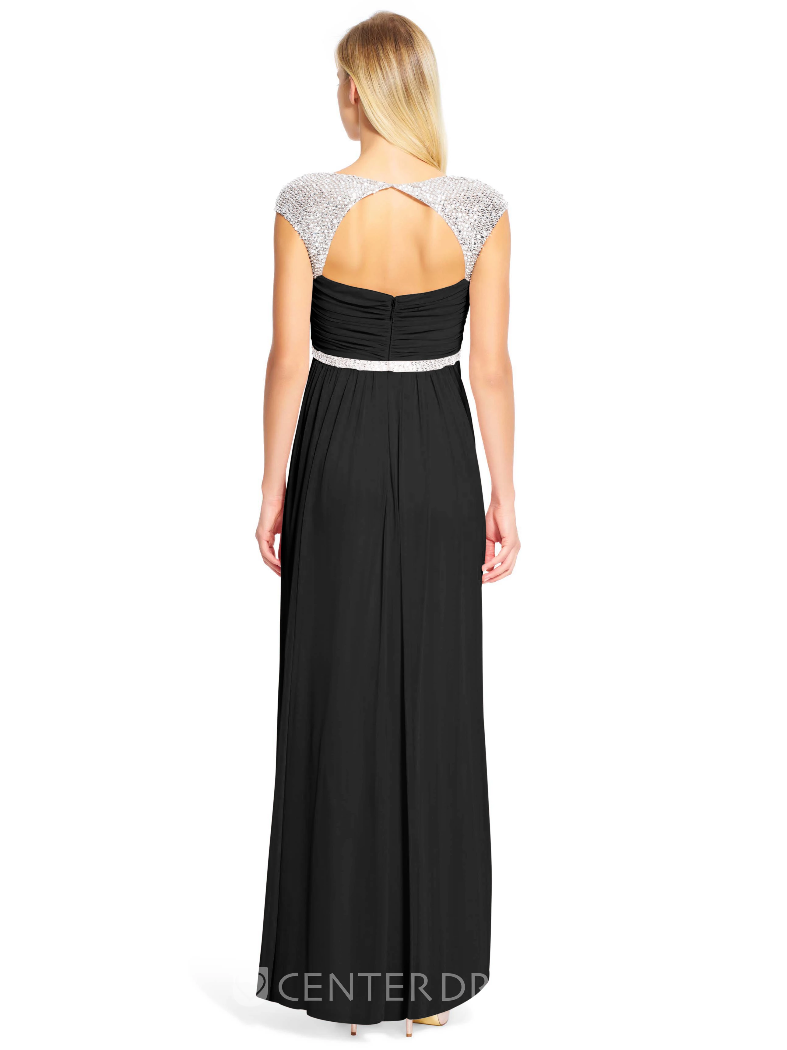 Sheath V-Neck Cap Sleeve Beaded Chiffon Bridesmaid Dress