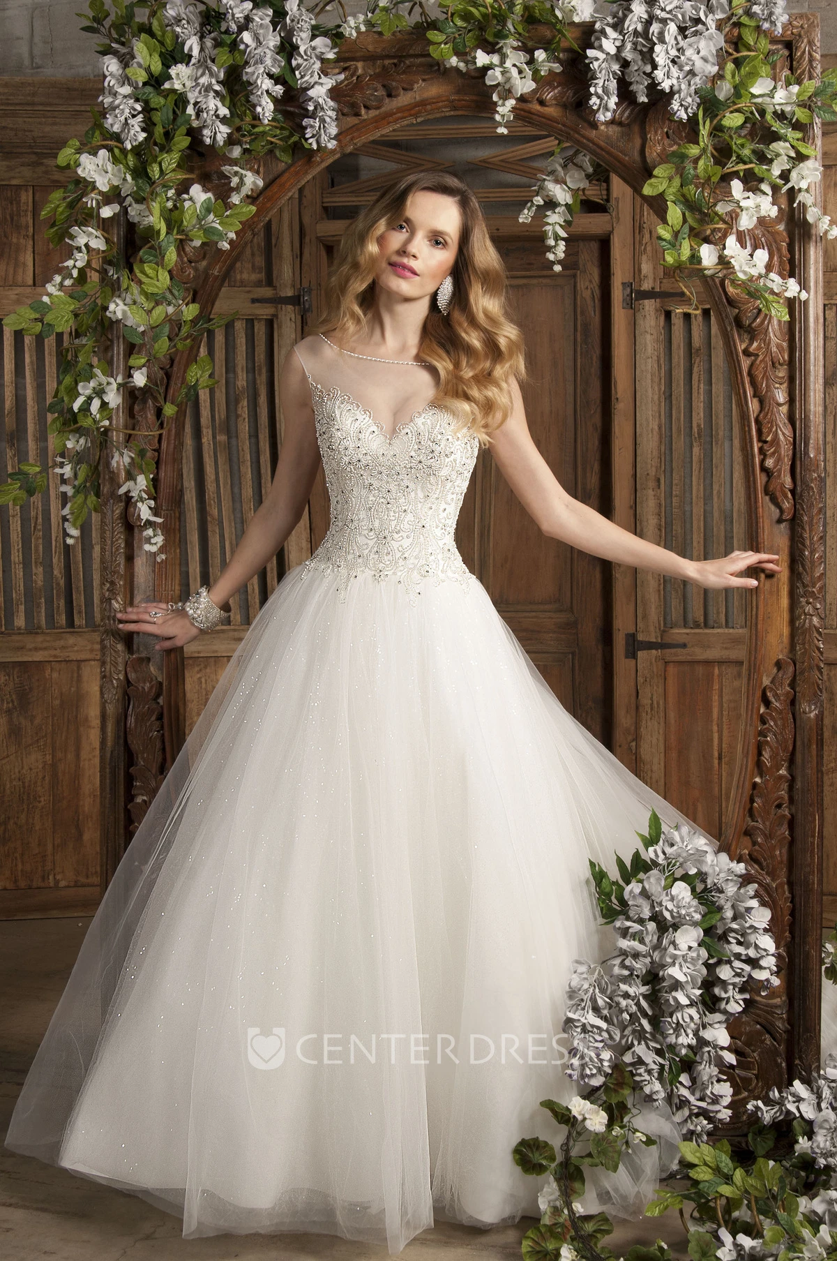 Ball Gown Sleeveless V-Neck Appliqued Tulle Wedding Dress With Brush Train