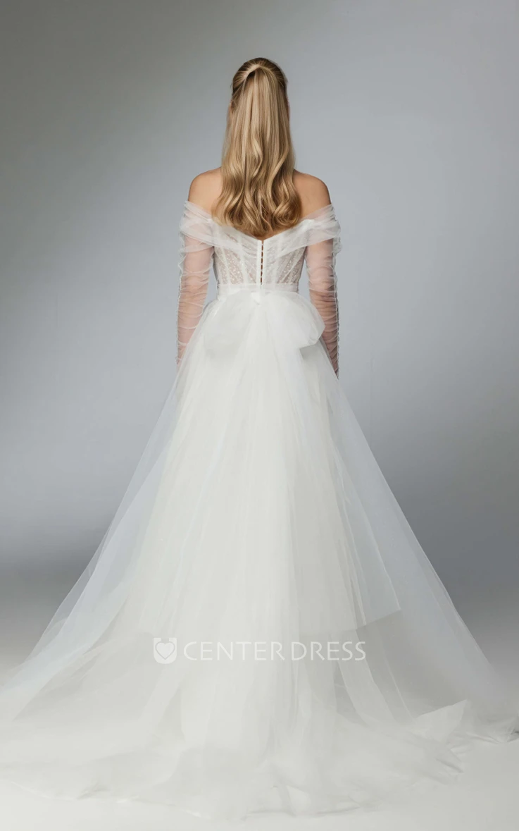 Plunging Neckline Off-the-shoulder A-Line Tulle Bridal Dress Floor-length Low-V Back Wedding Gown