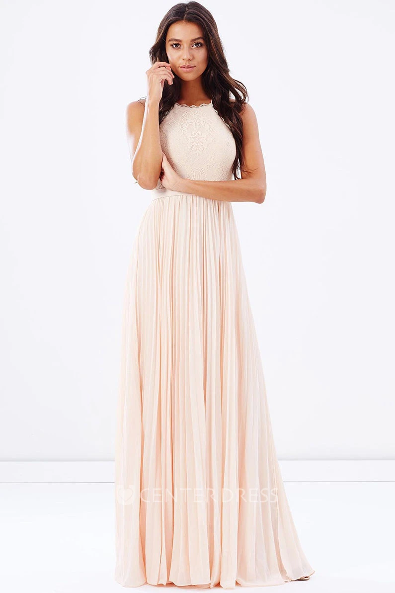 Pleated Sleeveless Spaghetti Chiffon Bridesmaid Dress With Lace And Ribbon