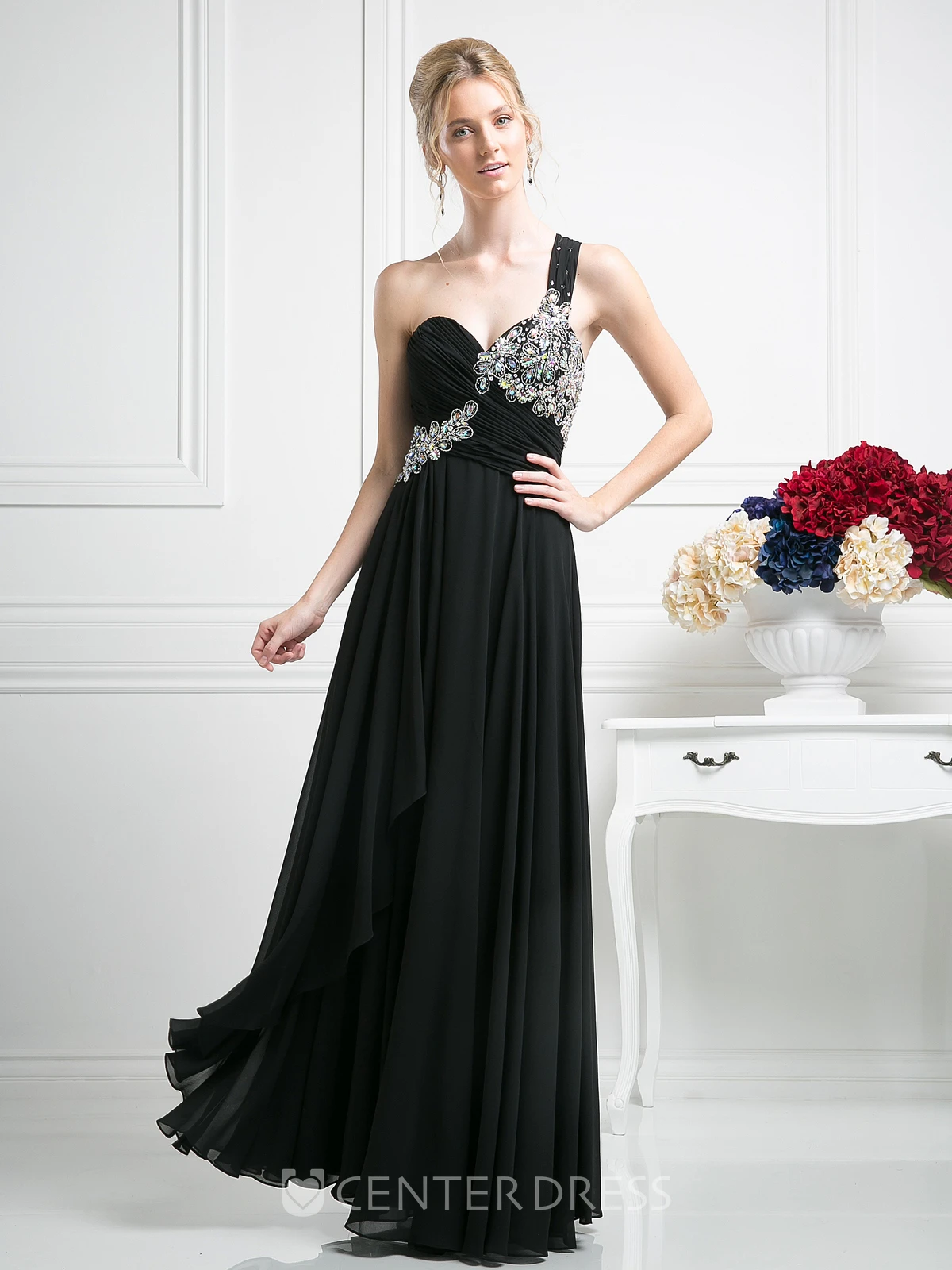 A-Line One-Shoulder Sleeveless Chiffon Dress With Beading And Draping